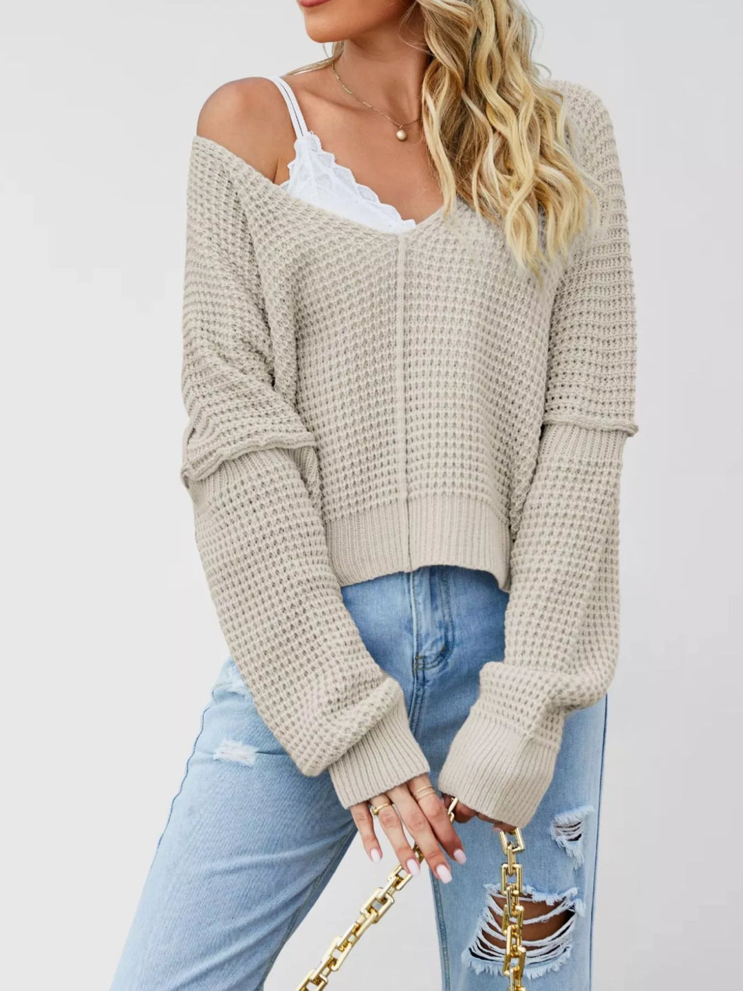 Apricot Waffle knit drop shoulder sweater with ribbed cuffs