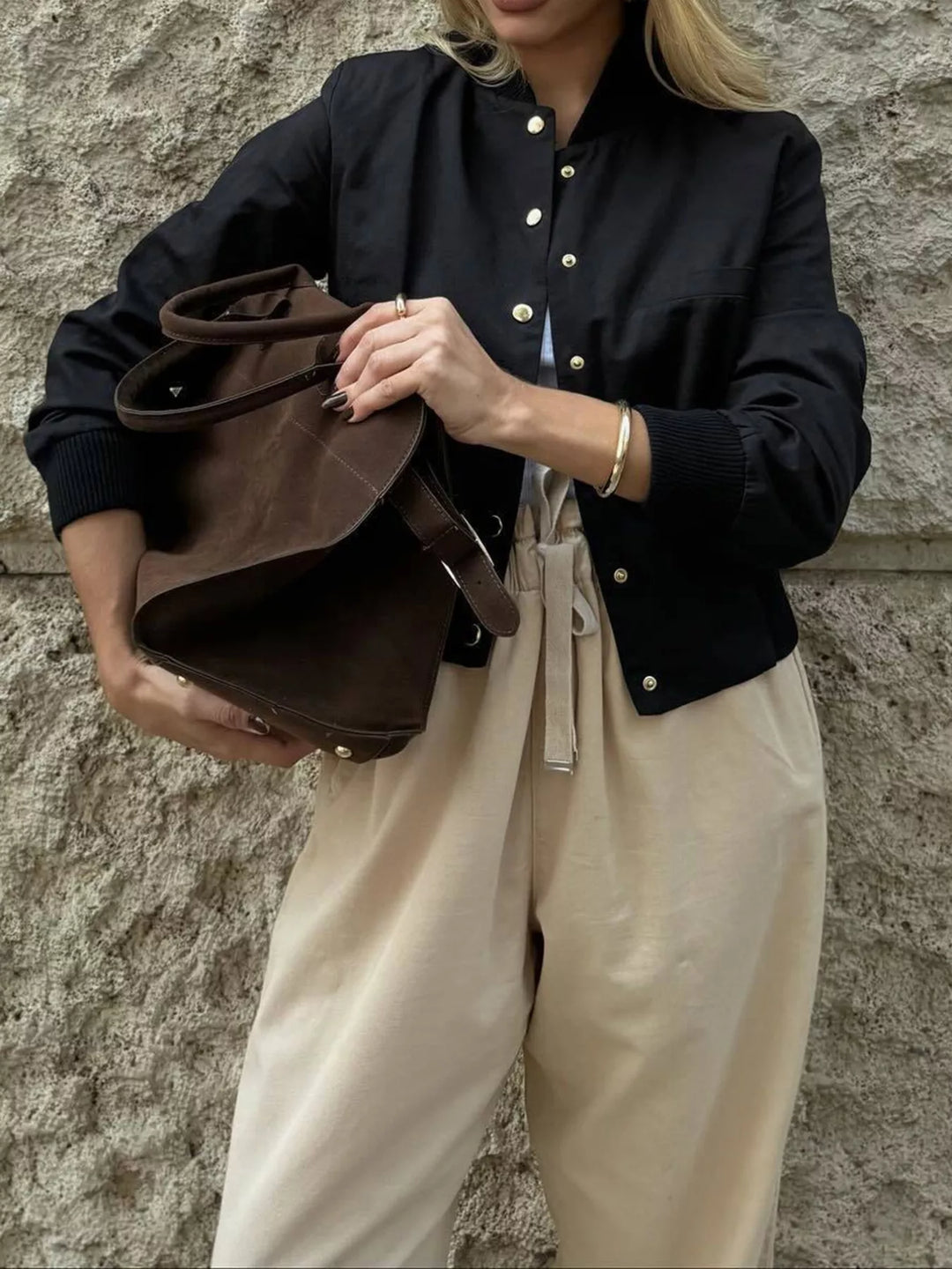 Cropped bomber jacket with gold snap button front