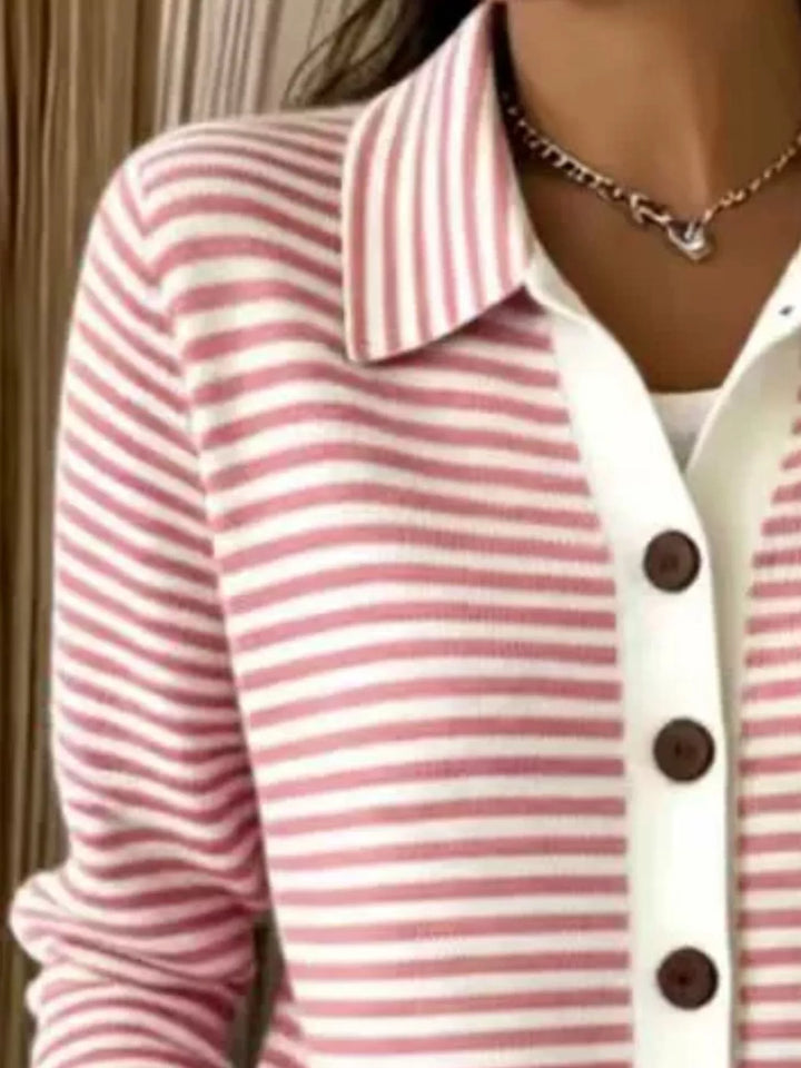 Striped button-down knit cardigan with pointed collar