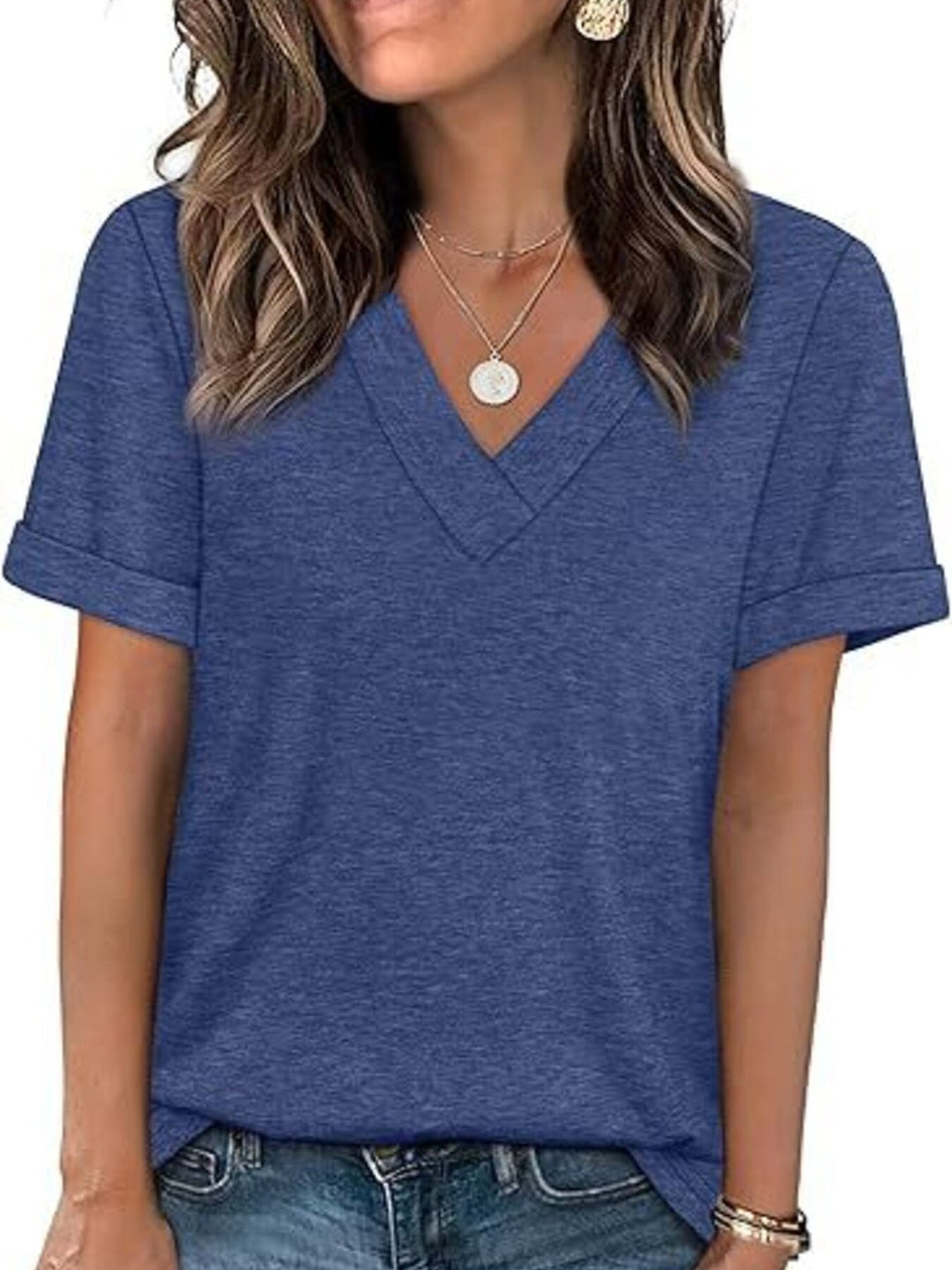 Relaxed V-neck short sleeve tee with rolled cuffs