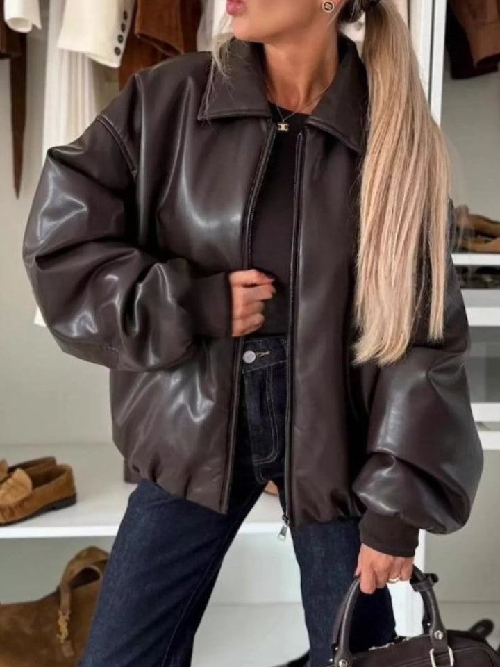 Oversized faux leather zip-up jacket with dropped shoulders