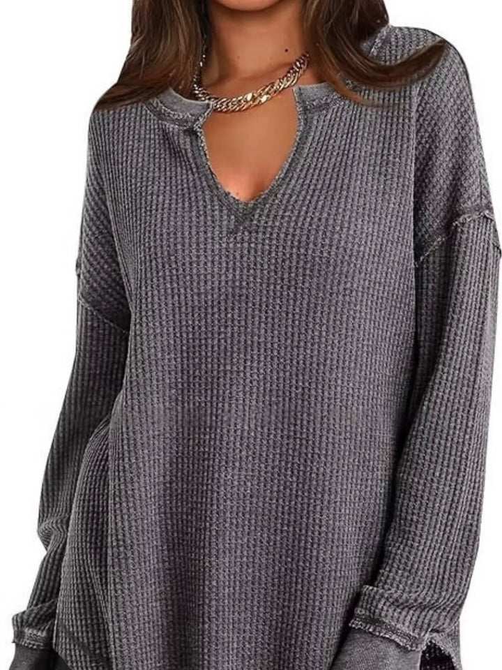 Waffle knit notched neck long sleeve tunic top