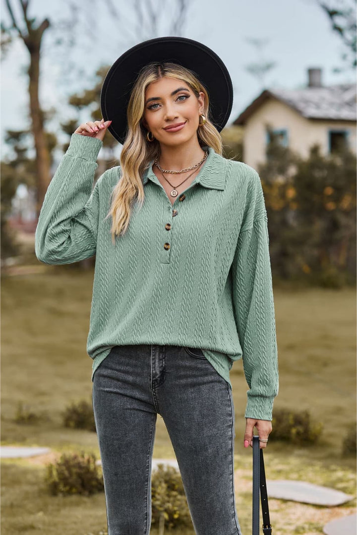 Sage Textured knit collared top with half-button placket