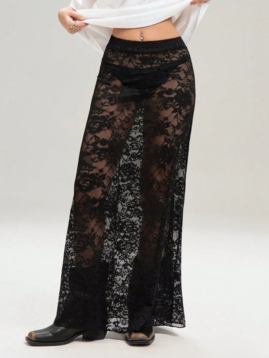 Sheer floral lace maxi skirt with stretch