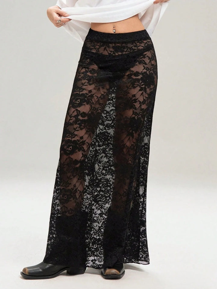Sheer floral lace maxi skirt with stretch