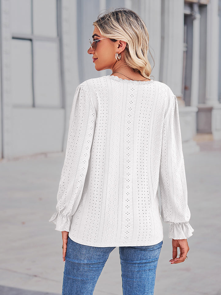 Eyelet openwork V-neck blouse with flounce sleeves