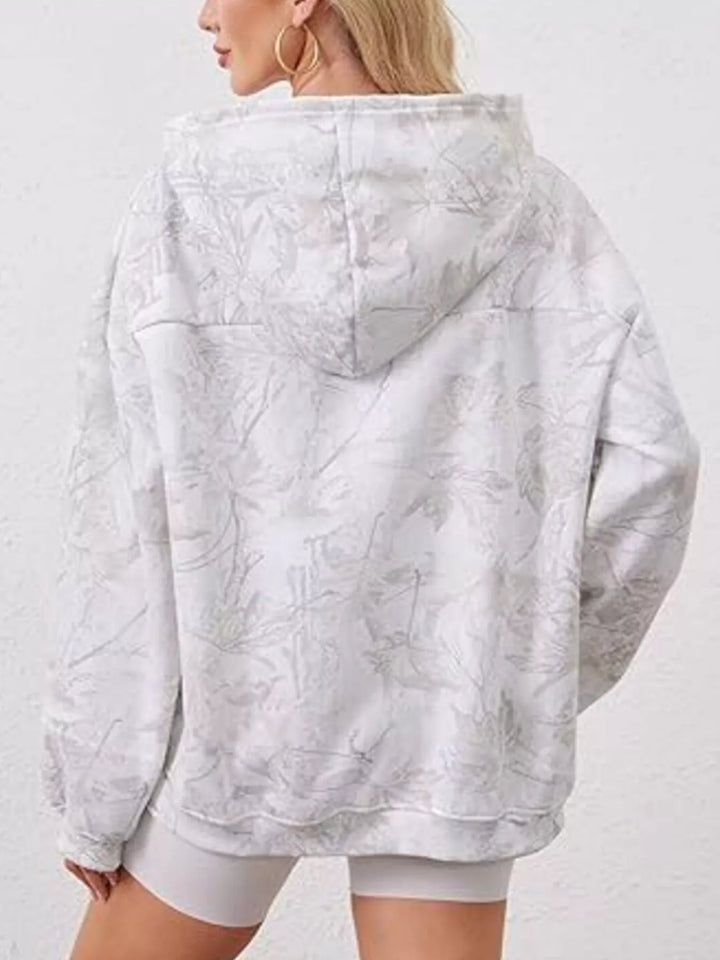 Oversized leaf print pullover hoodie with kangaroo pocket