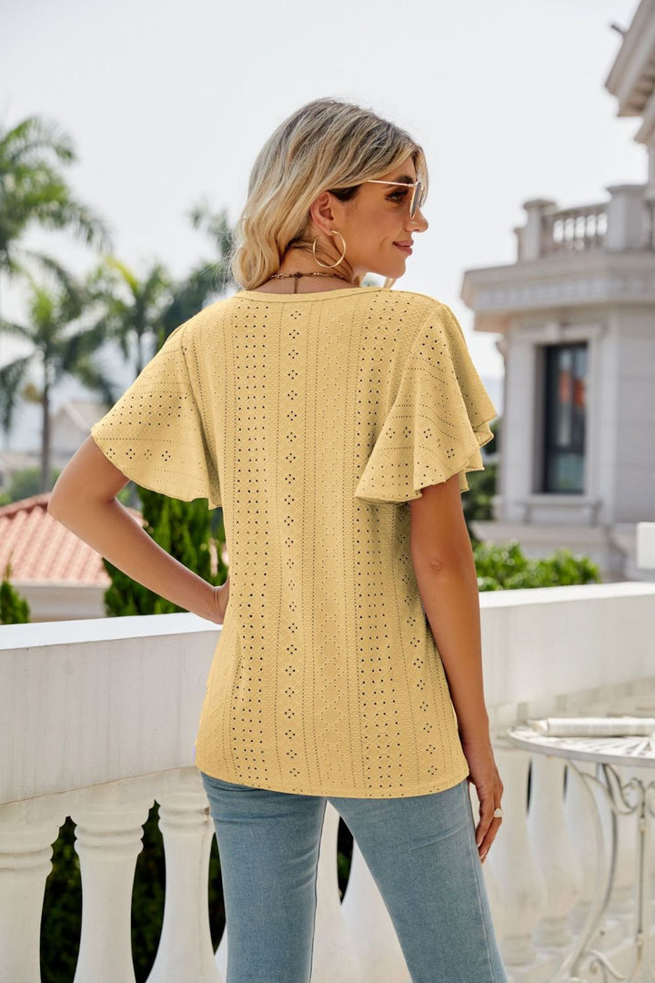 Eyelet knit flutter sleeve round neck top