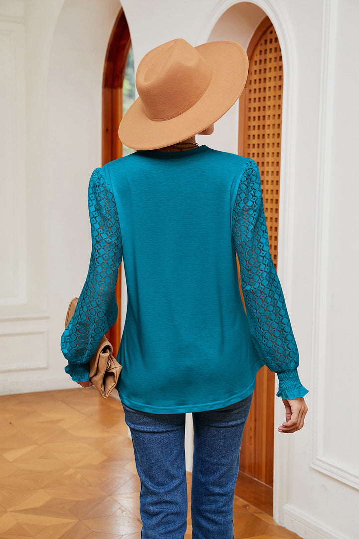 Contrast lace V-neck blouse with crochet long sleeves
