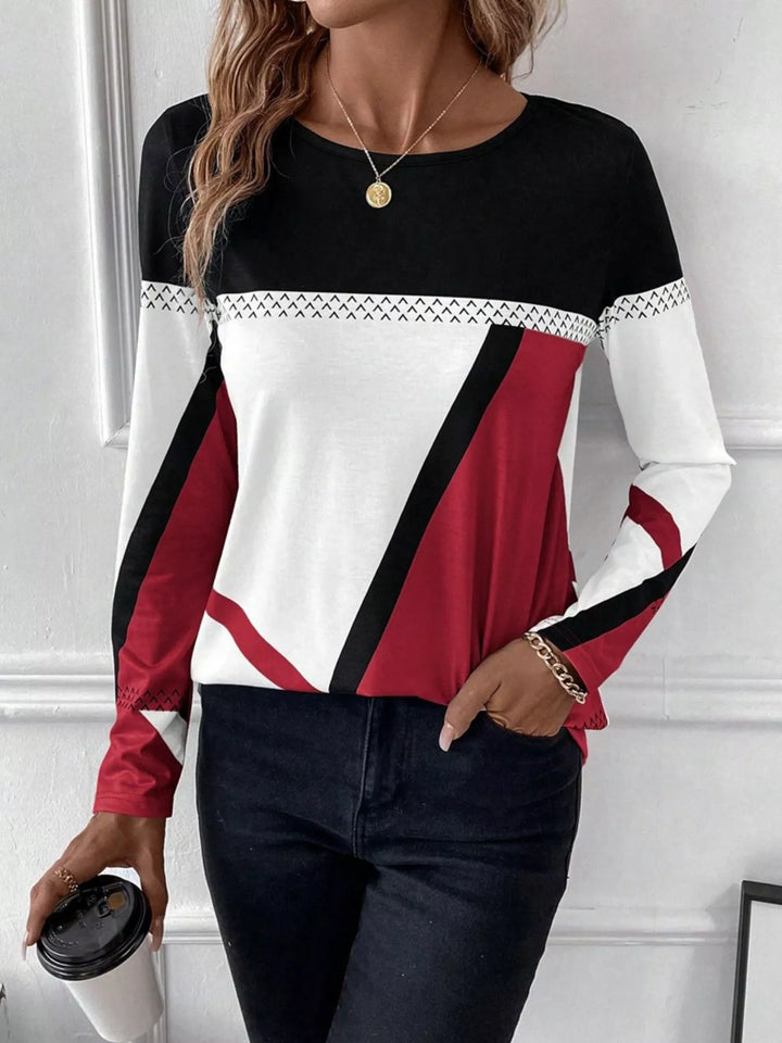 Geometric color block long sleeve crew neck top