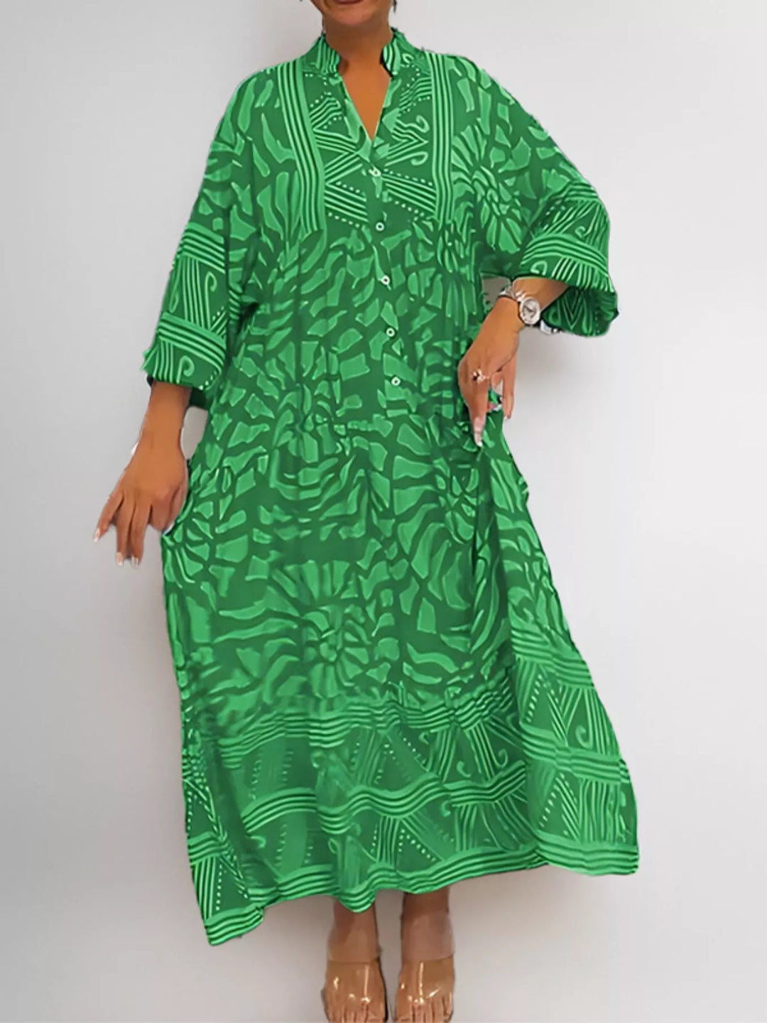 Green Abstract print button-front tiered midi dress