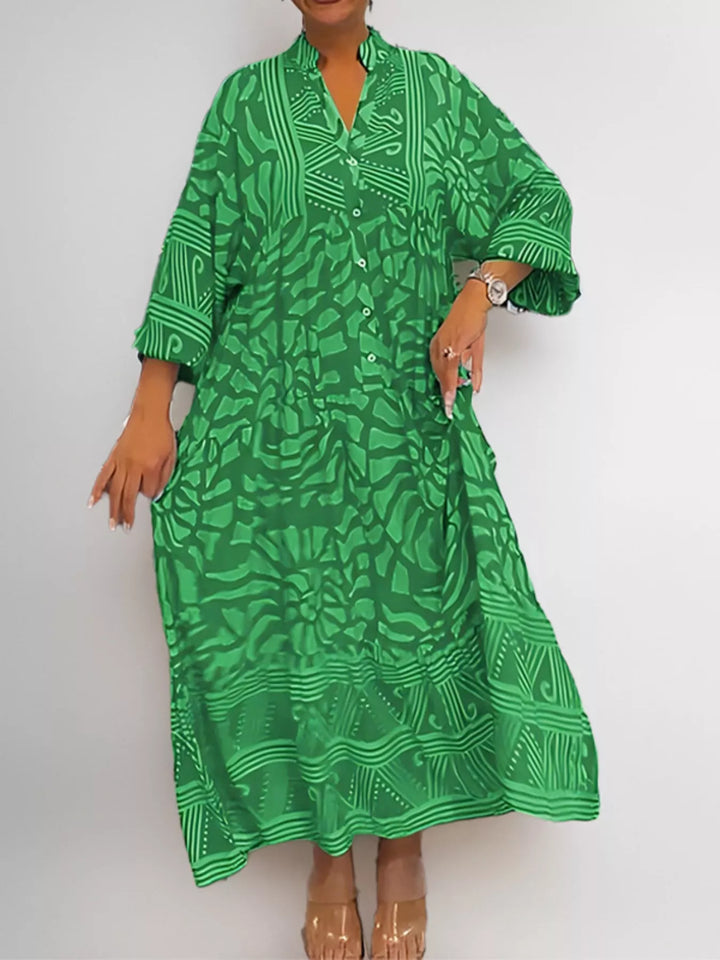Green Abstract print button-front tiered midi dress