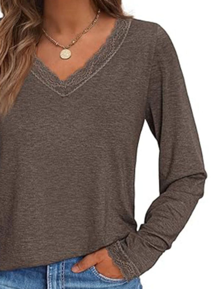 Lace trim V-neck long sleeve top with lace cuffs