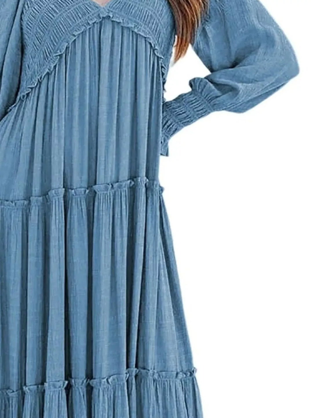 Smocked v-neck tiered maxi dress with long sleeves