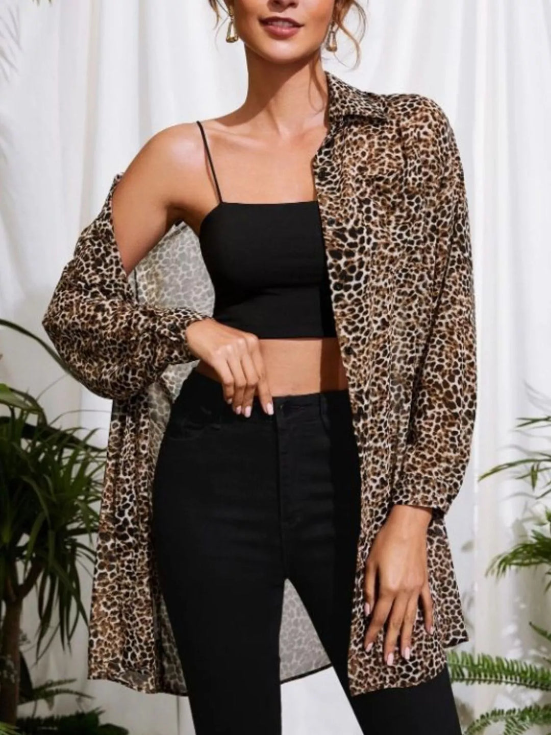 Leopard print button-up oversized long sleeve shirt