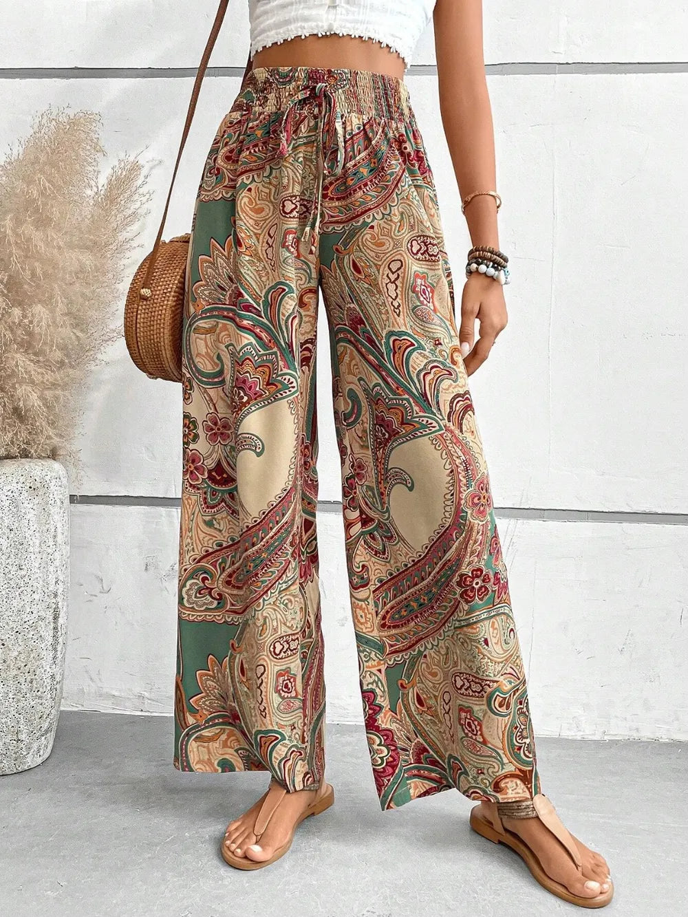 Camel Paisley print wide-leg pants with drawstring waist