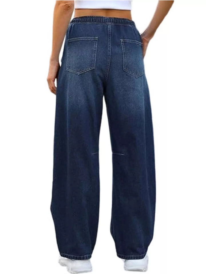 Wide-leg drawstring jeans with elastic waist and pockets