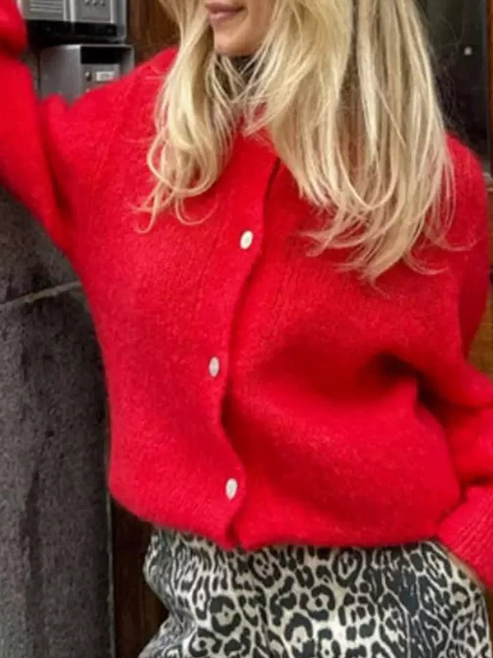 Red Button-front brushed knit cardigan with ribbed trim