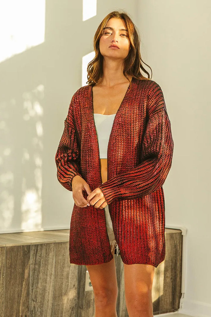 Metallic ribbed knit open-front longline cardigan