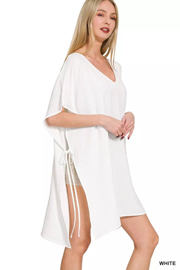 Woven tie-side V-neck beach cover-up with side slits