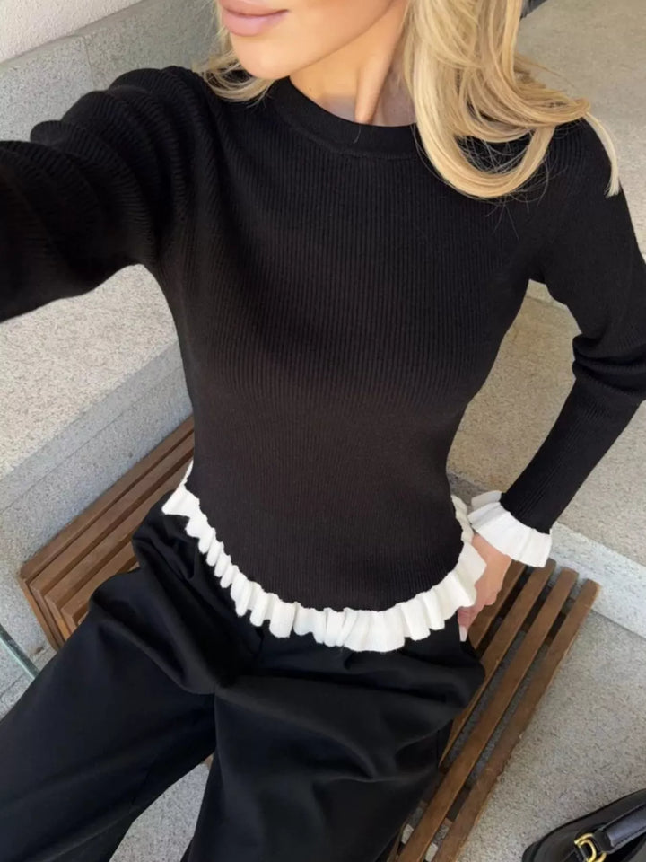Ribbed knit sweater with contrast ruffle hem and cuffs