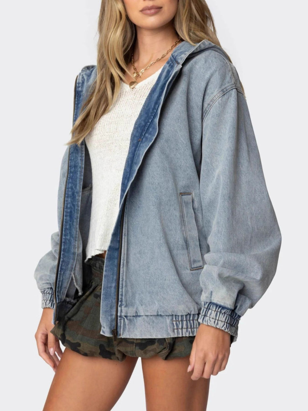 Hooded oversized zip-up denim jacket with elastic cuffs