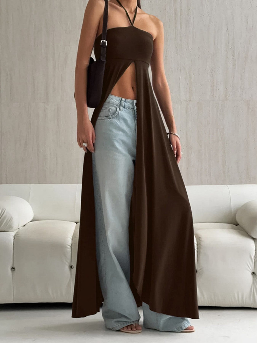 Halter neck longline cami with high front slit
