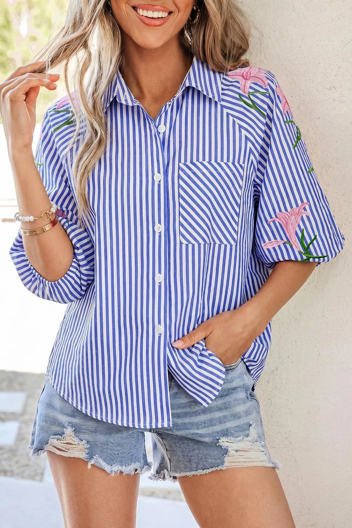 Light Blue Striped floral-embroidered puff sleeve button-down shirt