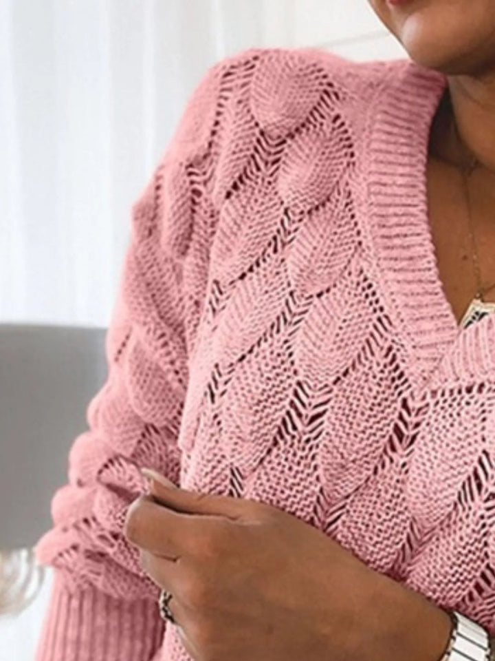 Openwork V-neck knit sweater with scalloped hem