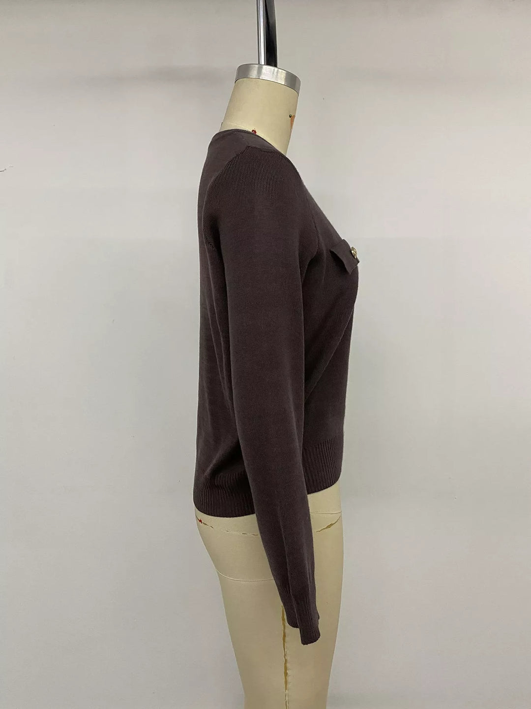 Gold-button knit cardigan with flap chest pockets