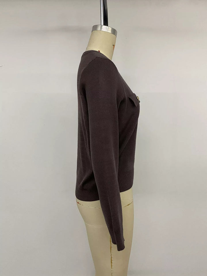 Gold-button knit cardigan with flap chest pockets