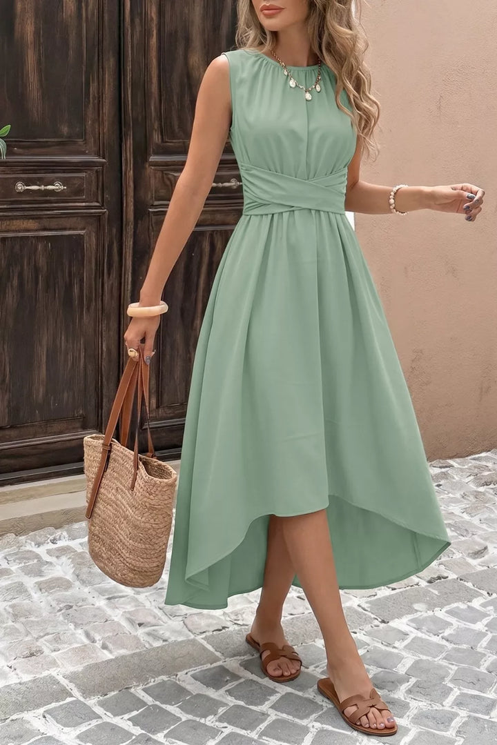 Sage Sleeveless twist-front high-low A-line midi dress