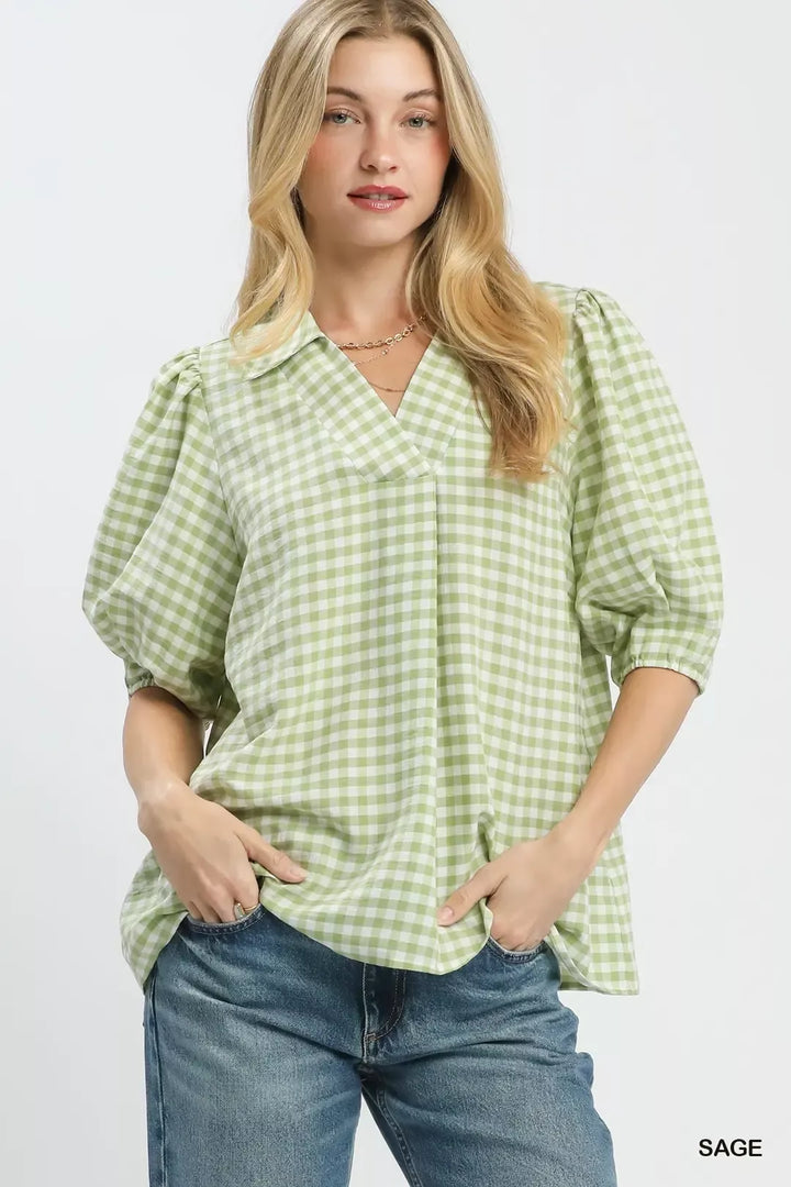SAGE Gingham puff sleeve collared blouse with split V-neck