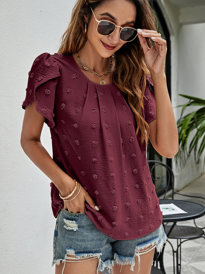 Swiss dot petal sleeve top with pleated round neck