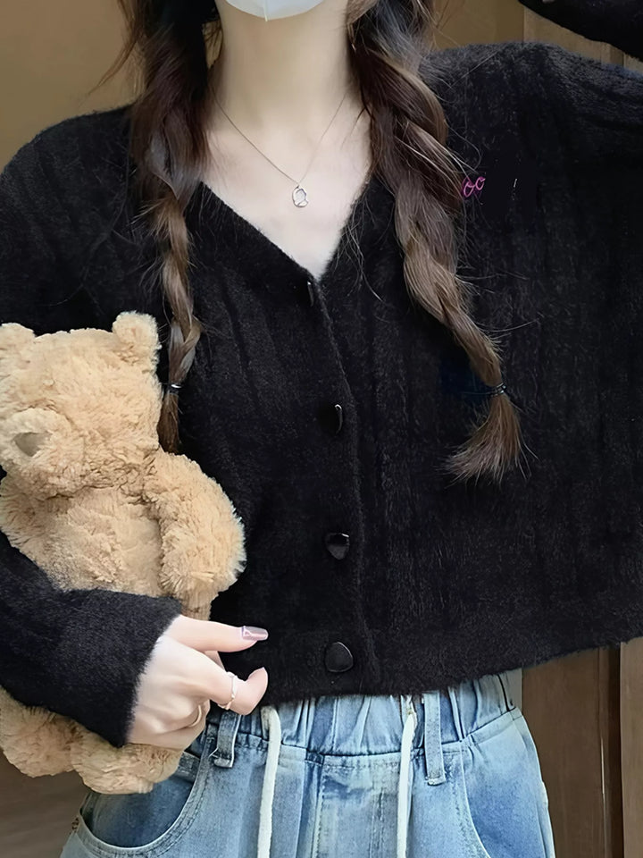 Fuzzy brushed knit button-up cropped cardigan