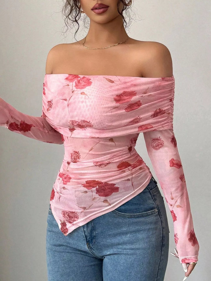 Sheer floral mesh off-shoulder top with ruched sides