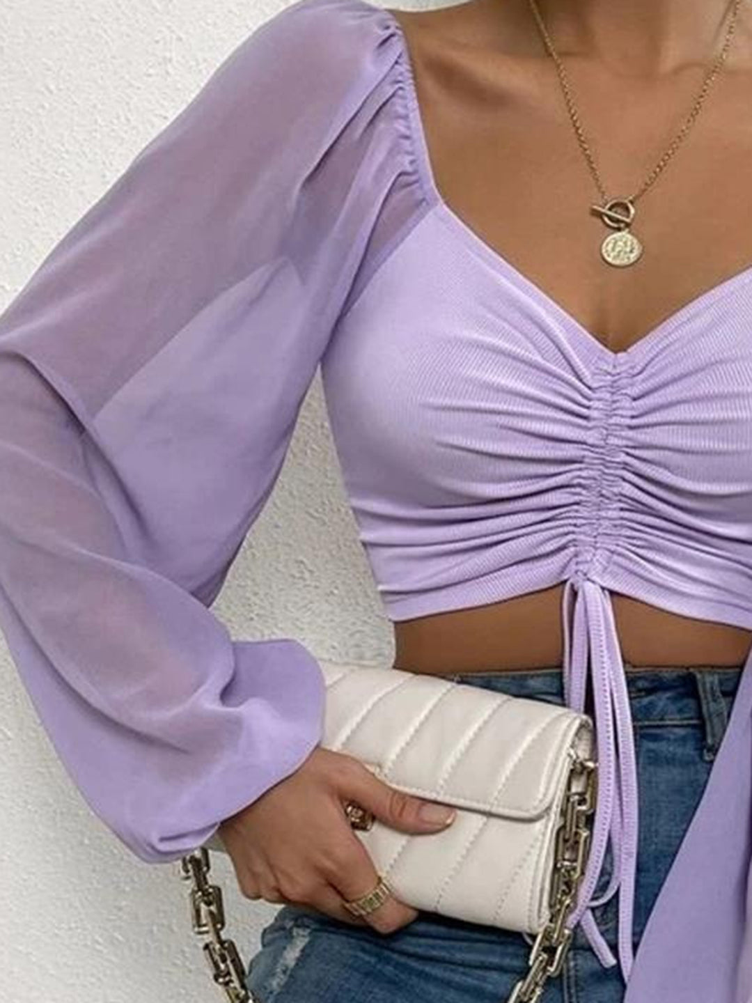 Drawstring sweetheart neck crop top with sheer sleeves