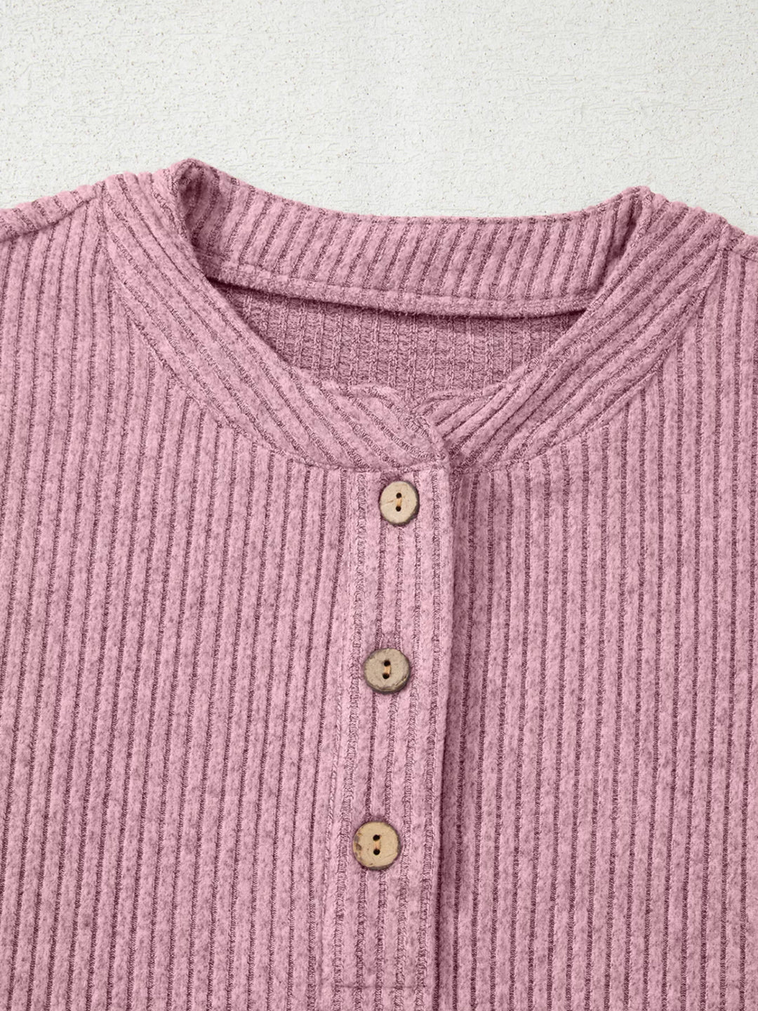 Ribbed drop-shoulder henley top with wood buttons