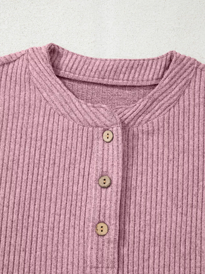 Ribbed drop-shoulder henley top with wood buttons