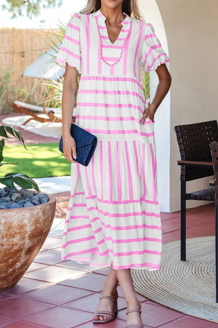 Striped ricrac trim notched neck tiered maxi dress
