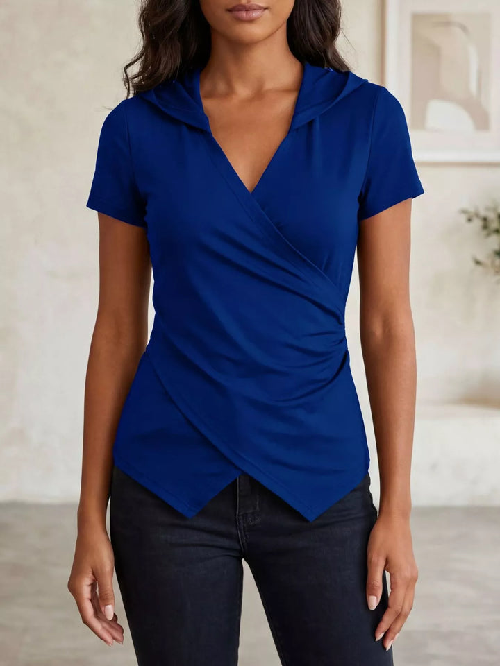 Blue Ruched wrap-front hooded top with asymmetric hem
