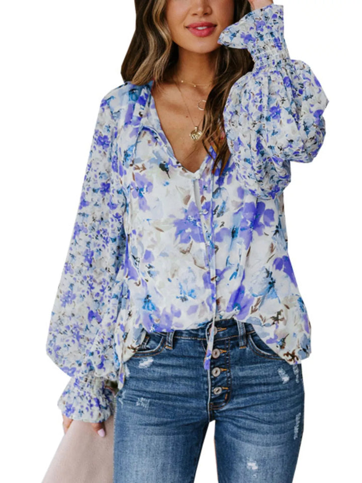 Blue Floral print V-neck button-down blouse with smocked cuffs