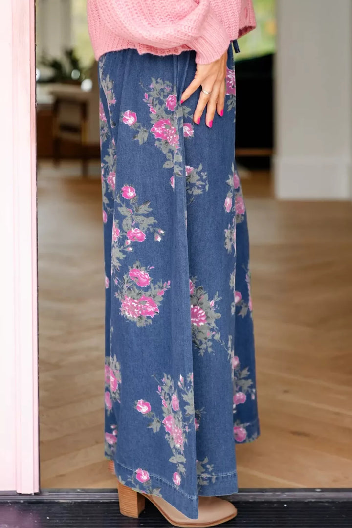 Floral print wide-leg drawstring jeans with button placket