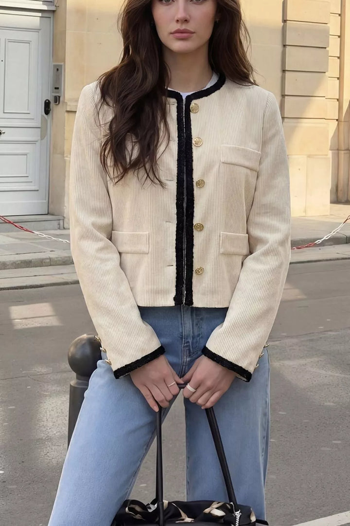 Contrast trim corduroy cropped jacket with gold buttons