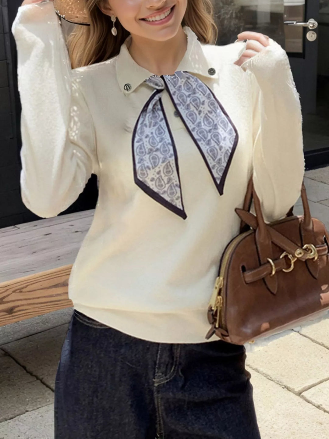 Beige Scarf-tie collared long sleeve knit sweater