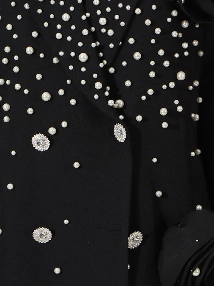 Pearl beaded double-breasted blazer with rosette appliques