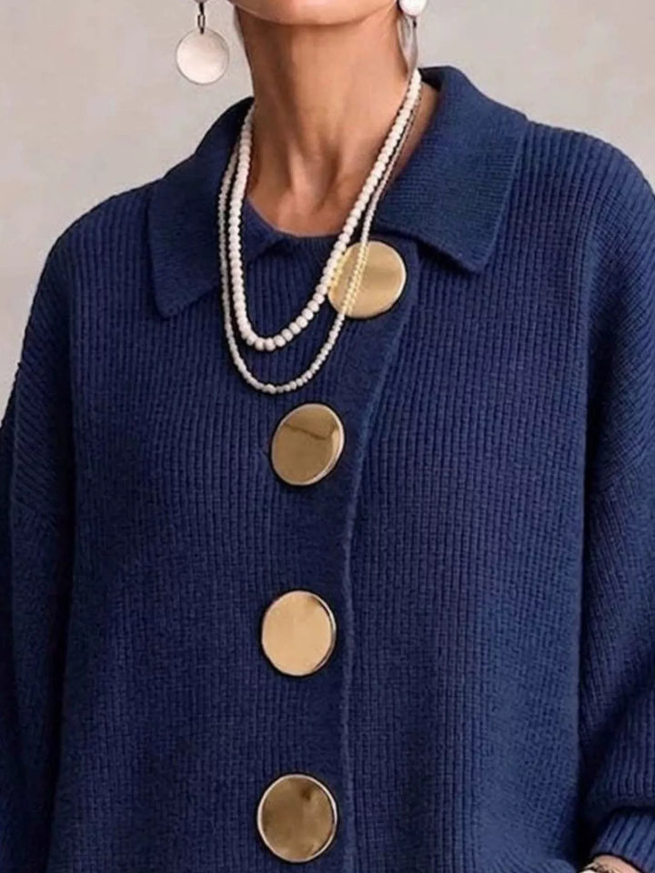 Oversized gold button ribbed knit collared cardigan