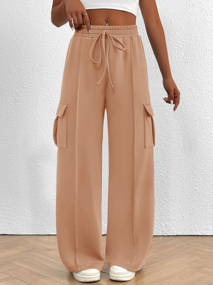 Apricot Drawstring high-waist wide-leg cargo pants with flap pockets