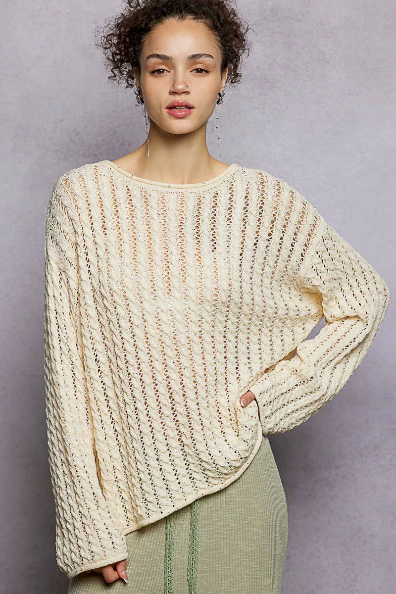 Openwork pointelle knit sweater with shimmer detail