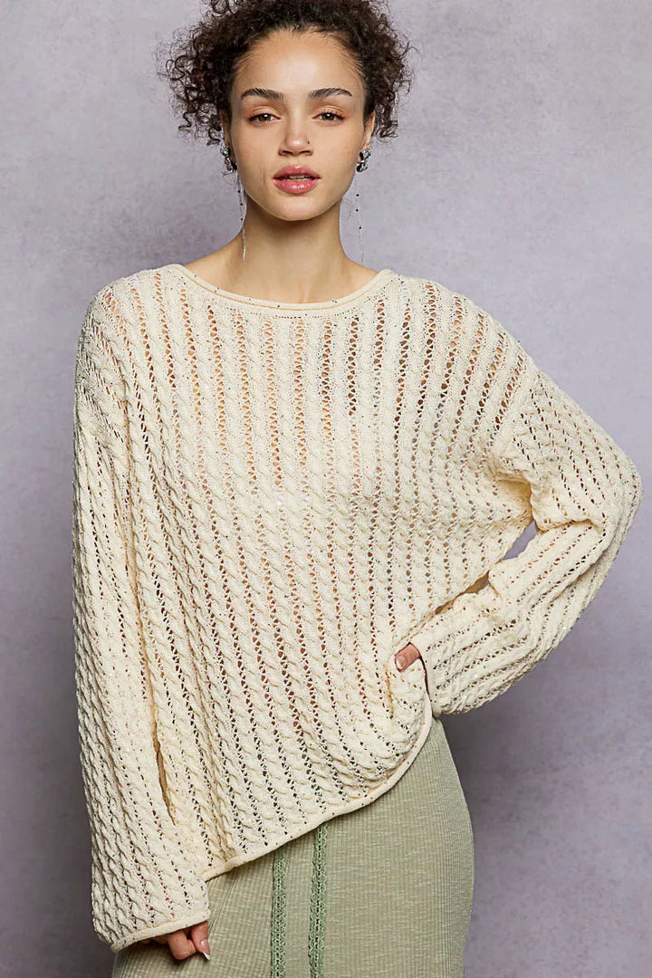 Openwork pointelle knit sweater with shimmer detail